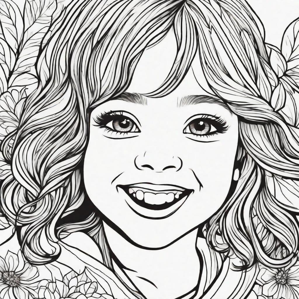  in a coloring book style, A girl with opened hair, a giving a cheerful smile with beautiful eyes and face expression.