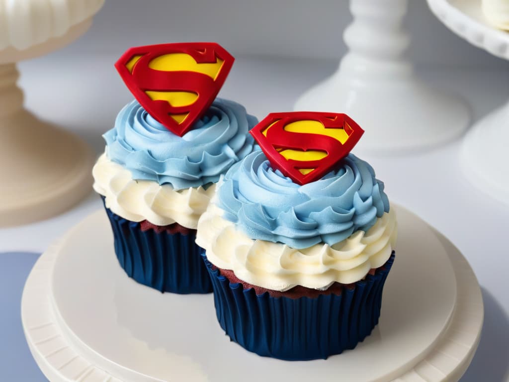  An ultradetailed closeup image of a beautifully crafted superherothemed cupcake, showcasing intricate fondant decorations of iconic superhero symbols like the Superman "S," Batman's bat symbol, and Wonder Woman's logo. The cupcake is set against a simple, elegant white background, highlighting the vibrant colors and meticulous detailing of the edible art. Each tiny element, from the shimmering gold accents to the precise lines of the logos, is captured in stunning clarity, inviting the viewer to appreciate the skill and creativity that goes into creating themed desserts. hyperrealistic, full body, detailed clothing, highly detailed, cinematic lighting, stunningly beautiful, intricate, sharp focus, f/1. 8, 85mm, (centered image composition), (professionally color graded), ((bright soft diffused light)), volumetric fog, trending on instagram, trending on tumblr, HDR 4K, 8K