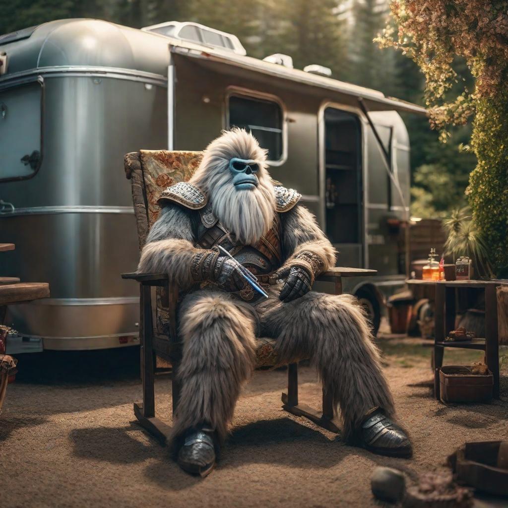  Yeti wearing knight armor sitting in lawn chair in trailer park, smoking a ciggarette hyperrealistic, full body, detailed clothing, highly detailed, cinematic lighting, stunningly beautiful, intricate, sharp focus, f/1. 8, 85mm, (centered image composition), (professionally color graded), ((bright soft diffused light)), volumetric fog, trending on instagram, trending on tumblr, HDR 4K, 8K