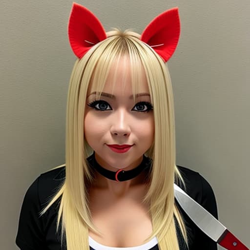  Blonde girl with ears and a tail with red eyes and holding a knife