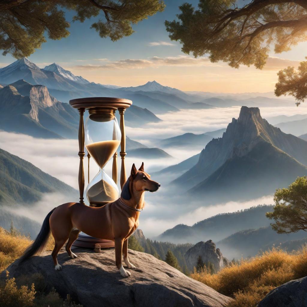  An hourglass set on the peak of a mountain with a horse and a dog beside it. The hourglass captures the essence of time being suspended in a breathtaking natural setting. The horse and dog are in a relaxed pose, enjoying the panoramic view from the mountain top. The scene should evoke a sense of adventure, serenity, and the beauty of the moment being frozen in time, with a clear sky above and the sun casting a warm glow on the landscape. hyperrealistic, full body, detailed clothing, highly detailed, cinematic lighting, stunningly beautiful, intricate, sharp focus, f/1. 8, 85mm, (centered image composition), (professionally color graded), ((bright soft diffused light)), volumetric fog, trending on instagram, trending on tumblr, HDR 4K, 8K