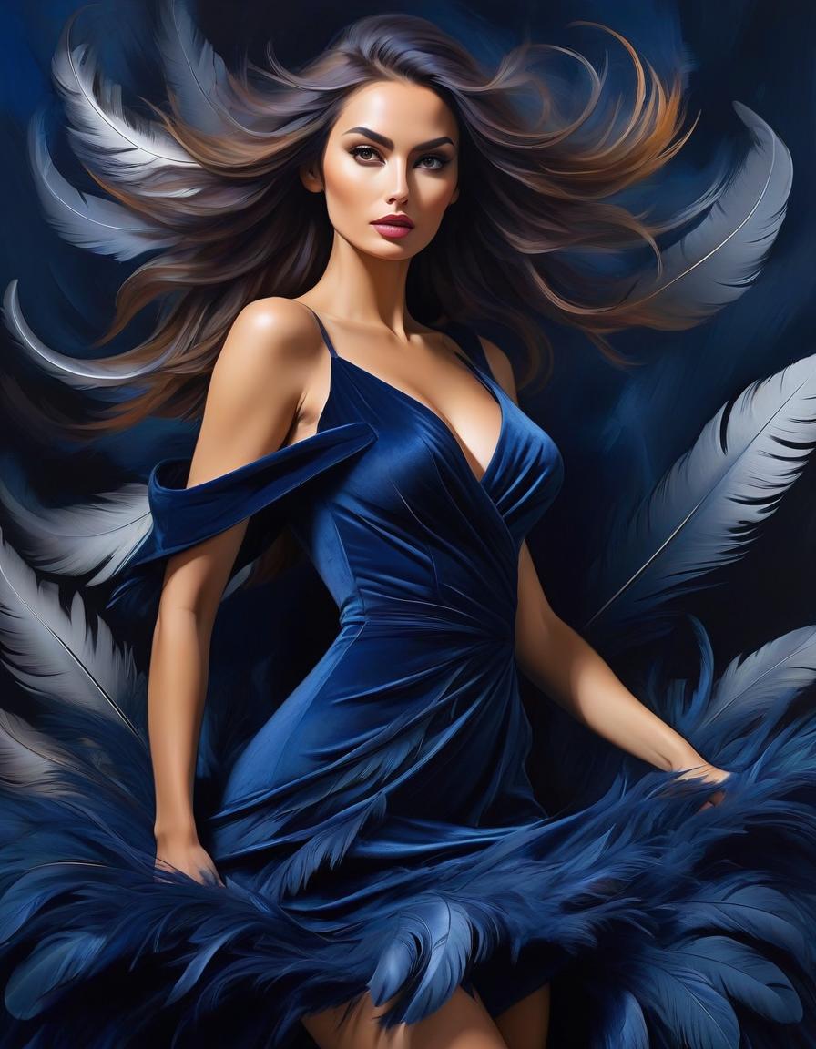  abstract expressionist painting Portrait of a beautiful girl in a dark blue velvet Lorrain dress, on beautiful hair adorned with soft feathers of dark blue colour . energetic brushwork, bold colors, abstract forms, expressive, emotional hyperrealistic, full body, detailed clothing, highly detailed, cinematic lighting, stunningly beautiful, intricate, sharp focus, f/1. 8, 85mm, (centered image composition), (professionally color graded), ((bright soft diffused light)), volumetric fog, trending on instagram, trending on tumblr, HDR 4K, 8K