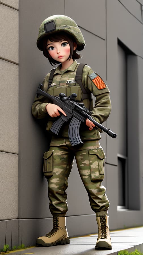  Full body triceps, full US Army soldier, camouflage clothing, machine gun, girl, cute.