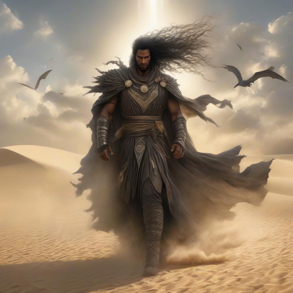  horror themed God of darkness, ruler of the desert, a black man with long black hair flies over the sands in the rays of the setting sun, dusty storm, mysticism. . eerie, unsettling, dark, spooky, suspenseful, grim, highly detailed hyperrealistic, full body, detailed clothing, highly detailed, cinematic lighting, stunningly beautiful, intricate, sharp focus, f/1. 8, 85mm, (centered image composition), (professionally color graded), ((bright soft diffused light)), volumetric fog, trending on instagram, trending on tumblr, HDR 4K, 8K