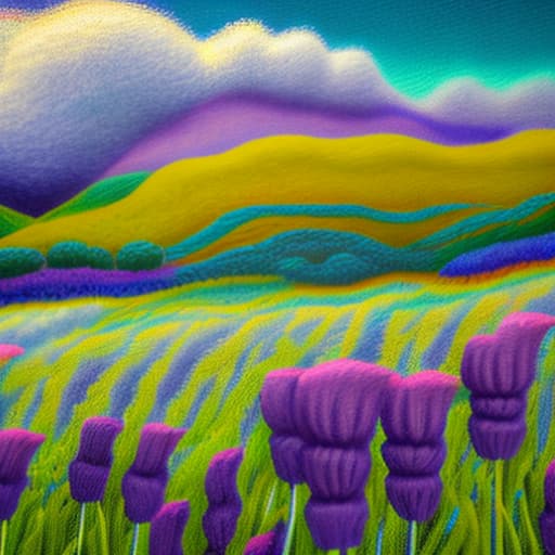 wa-vy style Tall grass, poppies and purple lupins in field. Mountains in distance, Blond haired girl in white dress holding bouquet of flowers sky is blue few clouds sun streams through clouds vivid colors looks like impressionistic painting painting vivid color dream like