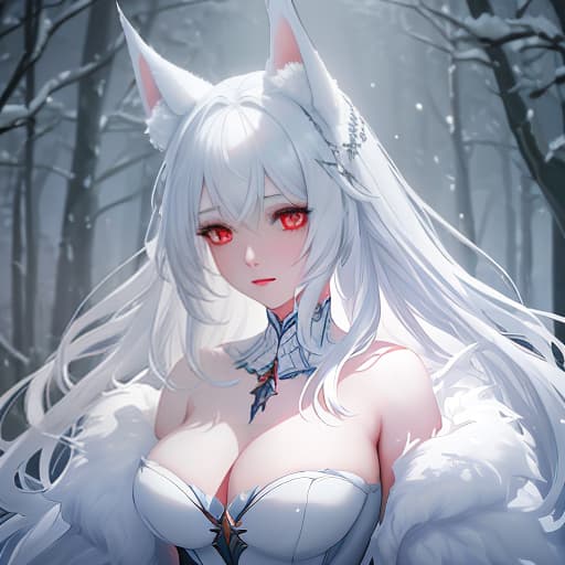  The beast is a girl with fox ears and snow white hair, her eyes are red in 8K resolution, (natural skin texture, hyperrealism, soft light, sharp:1.2) hyperrealistic, full body, detailed clothing, highly detailed, cinematic lighting, stunningly beautiful, intricate, sharp focus, f/1. 8, 85mm, (centered image composition), (professionally color graded), ((bright soft diffused light)), volumetric fog, trending on instagram, trending on tumblr, HDR 4K, 8K