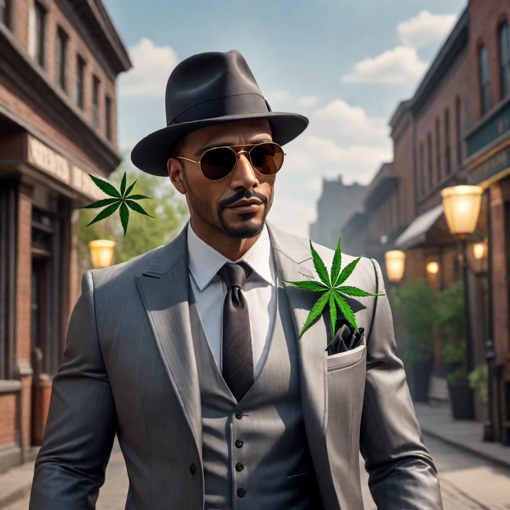  A cartoon-style gangster character with a weed leaf as the head. The character should have a mischievous and grifty appearance, with typical gangster attire such as a pinstripe suit, fedora hat, and sunglasses. The weed leaf head should look sharp and have a smug expression. Please include a gold chain around the character's neck and holding a cigar to enhance the gangster look. hyperrealistic, full body, detailed clothing, highly detailed, cinematic lighting, stunningly beautiful, intricate, sharp focus, f/1. 8, 85mm, (centered image composition), (professionally color graded), ((bright soft diffused light)), volumetric fog, trending on instagram, trending on tumblr, HDR 4K, 8K