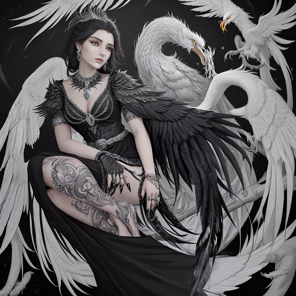  masterpiece, best quality,A fierce black and white phoenix being reborn tattoo, The Phoenix eyes are intense and seem to pierce through. on top of the phoenix but separate is a gorgeous gypsy woman with beautiful eyes starring lovingly out at you,