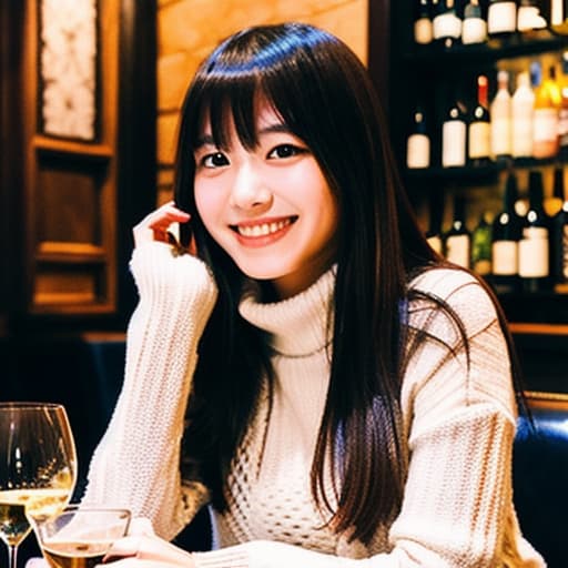  a realistic photo of a young Japanese woman, aged 25, with long dark brown hair with bangs and black eyes, 160cm tall, smiling, wearing white knitwear, at a dark and atmospheric luxurious French restaurant, dinner dishes, wine glass