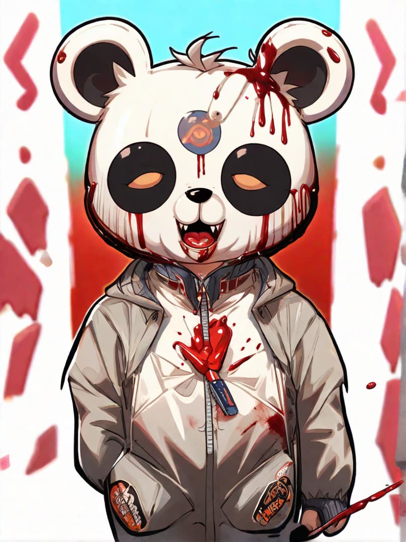  , a cute guilt robot bear, sticker, akira toriyama , white background,murder bear, bloody , dripping blood,bloody trump head on ground<lora:halloween-makeup:0.9380552704105101><lora:illustration-style:0.5895297976427594><lora:rionrtlora:0.009435480412516073><lora:margiela-ss24:0.35833211775159257> hyperrealistic, full body, detailed clothing, highly detailed, cinematic lighting, stunningly beautiful, intricate, sharp focus, f/1. 8, 85mm, (centered image composition), (professionally color graded), ((bright soft diffused light)), volumetric fog, trending on instagram, trending on tumblr, HDR 4K, 8K