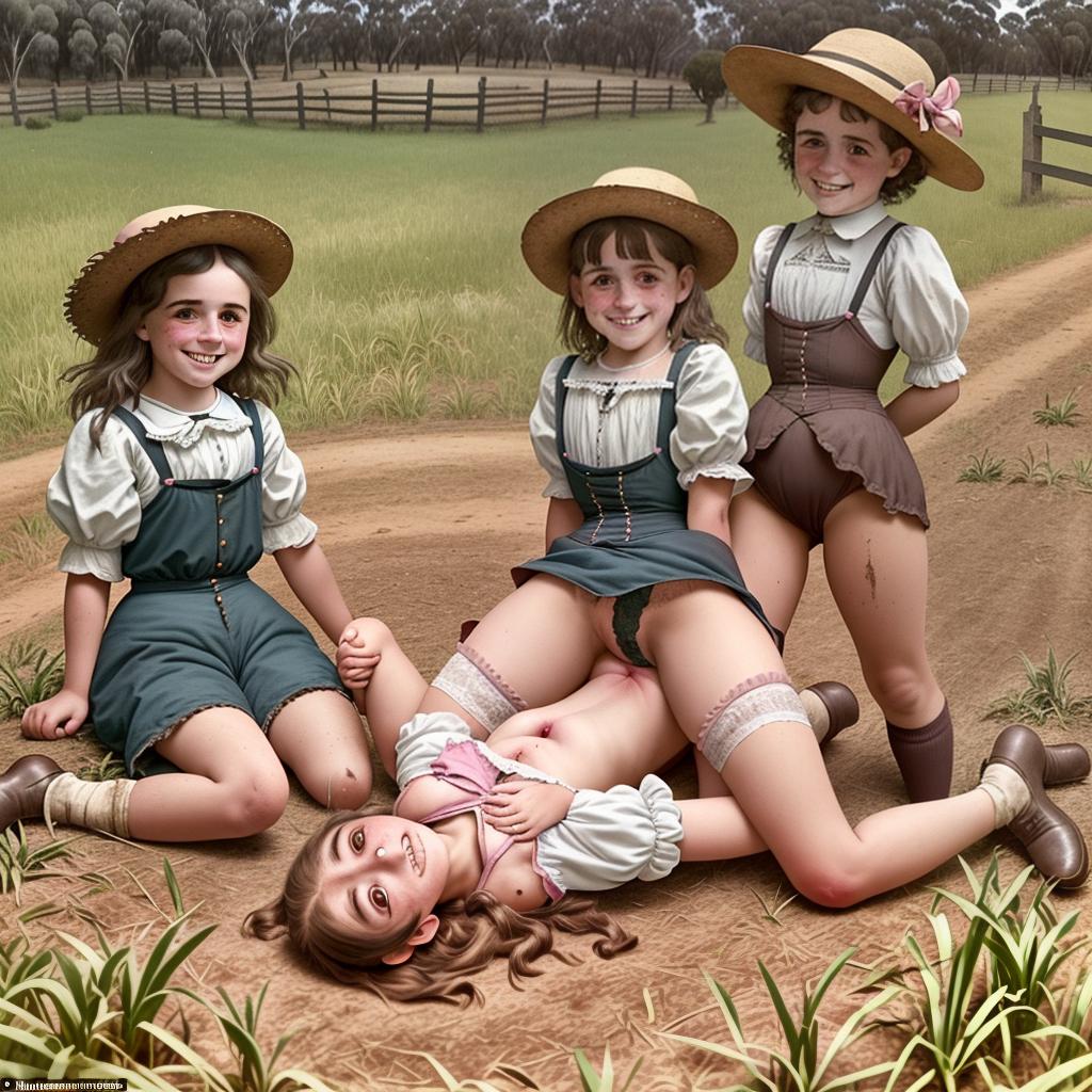  niña de 10 años sonriendo y en calzones con su amiga en el campo haciendo sus travesuras,mostrando sus traseros de Australia del año 1890s