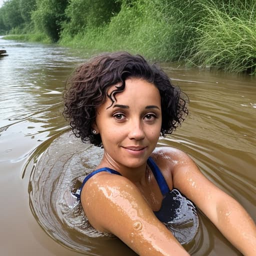  tanned woman with short and curly hair drowning in the river