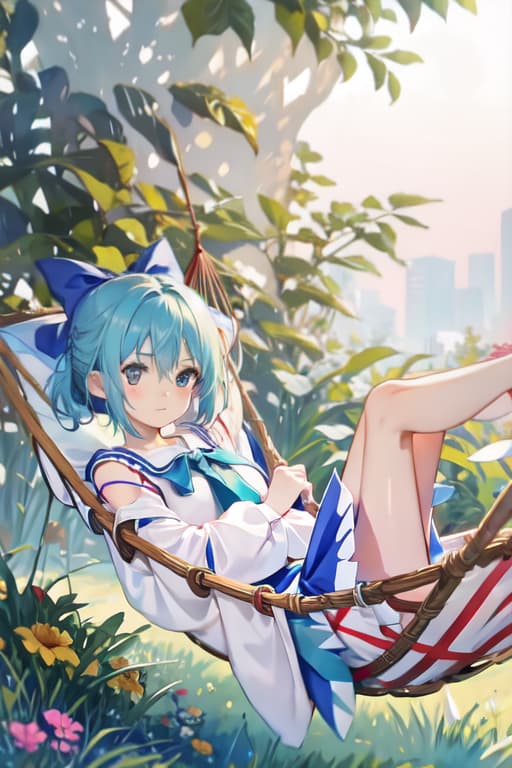  Cirno in a hammock, watercolor