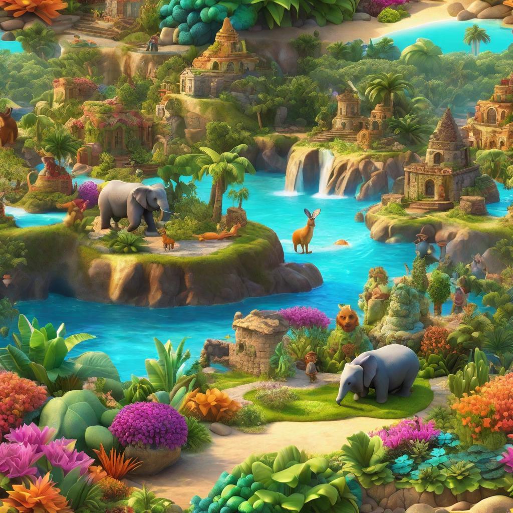  "A vibrant island rejuvenated by the magic of the stone, with joyful inhabitants collaboratively working together to create an even better place. The scene includes charming, cute animals and colorful, fantastical plants, glowing gently under the warm, sunlit sky."((masterpiece)), best quality, very detailed, high resolution, sharp, sharp image, extremely detailed, 4k, 8k, fairytale hyperrealistic, full body, detailed clothing, highly detailed, cinematic lighting, stunningly beautiful, intricate, sharp focus, f/1. 8, 85mm, (centered image composition), (professionally color graded), ((bright soft diffused light)), volumetric fog, trending on instagram, trending on tumblr, HDR 4K, 8K