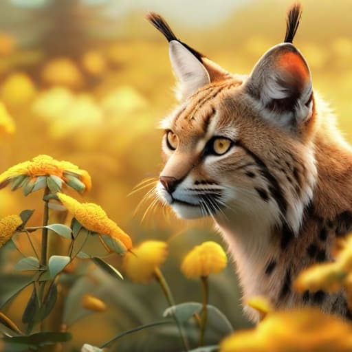  Japanese animation wild bobcat up close, male, in front of turntables and a microphone in a field of yellow flowers, best quality hyperrealistic, full body, detailed clothing, highly detailed, cinematic lighting, stunningly beautiful, intricate, sharp focus, f/1. 8, 85mm, (centered image composition), (professionally color graded), ((bright soft diffused light)), volumetric fog, trending on instagram, trending on tumblr, HDR 4K, 8K