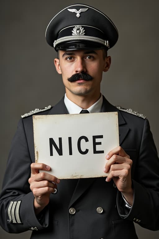  modern photo a black (hitler), (hitler mustache), wearing nazi uniform, holding a sign saying "nice"