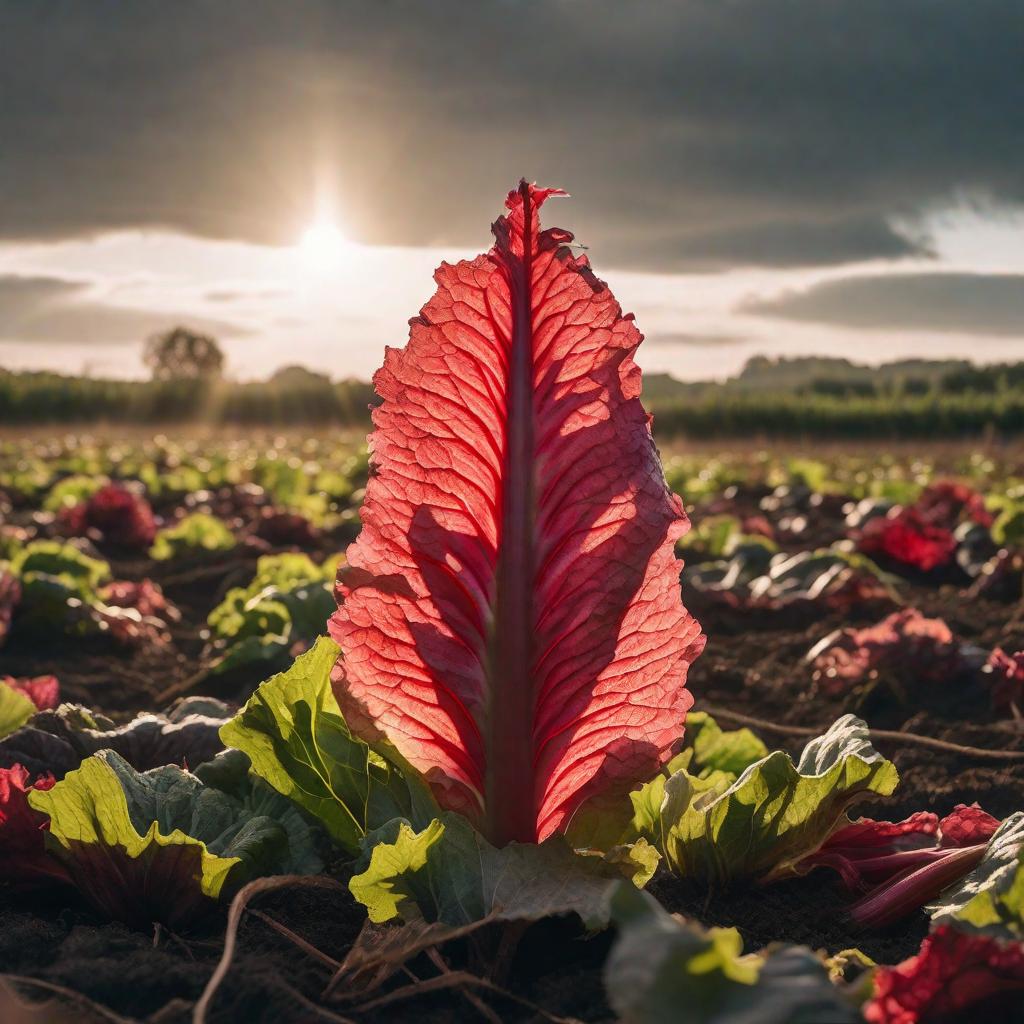  A HUGE VERY WRINKLED RHUBARB IN AN EMPTY FIELD. INTENSE SUNLIGHT SHINING THROUGH THE LEAVES. hyperrealistic, full body, detailed clothing, highly detailed, cinematic lighting, stunningly beautiful, intricate, sharp focus, f/1. 8, 85mm, (centered image composition), (professionally color graded), ((bright soft diffused light)), volumetric fog, trending on instagram, trending on tumblr, HDR 4K, 8K