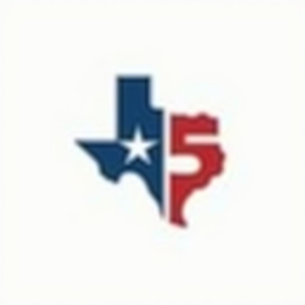  create a minimalist logo featuring the outline of texas. inside the outline, include the letters 'm5' in a bold, modern font: the 'm' in blue, the '5' in red, and a white star. use colors from the texas flag (blue, red, and white) for these elements. add the text 'custom homes and remodeling, llc' elegantly below or around the texas outline in a neutral color, like black or dark blue, to enhance readability while keeping the focus on the central design.