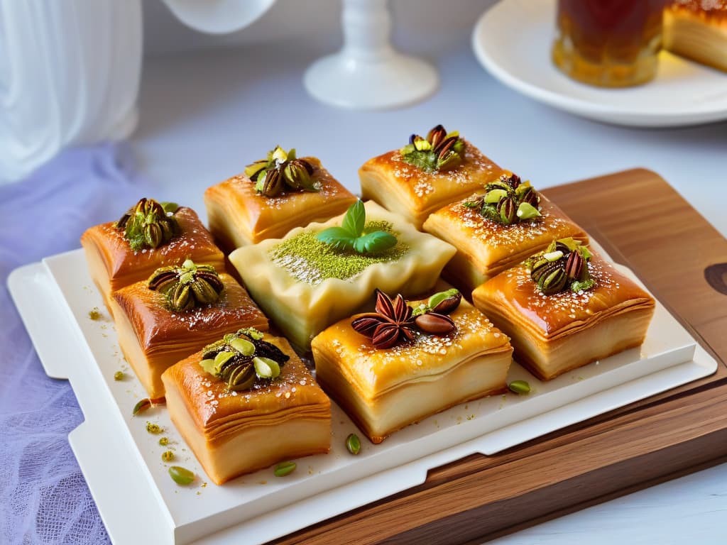  An ultradetailed closeup image of a freshly baked tray of goldenbrown baklavas, glistening with honey syrup and sprinkled with crushed pistachios, set against a backdrop of intricately patterned Turkish ceramic plates. The layers of flaky pastry are perfectly visible, showcasing the precision and skill that goes into creating this traditional Turkish dessert. The rich colors and textures create a visually striking and mouthwatering image that captures the essence of Turkish pastry craftsmanship. hyperrealistic, full body, detailed clothing, highly detailed, cinematic lighting, stunningly beautiful, intricate, sharp focus, f/1. 8, 85mm, (centered image composition), (professionally color graded), ((bright soft diffused light)), volumetric fog, trending on instagram, trending on tumblr, HDR 4K, 8K