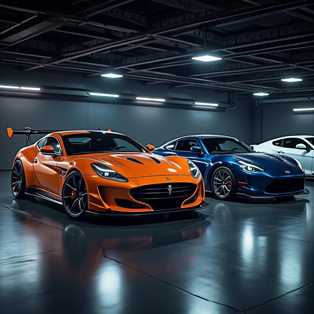  good quality, high quality, three sports cars lined up in a sleek garage with glowing lights and reflective floor.