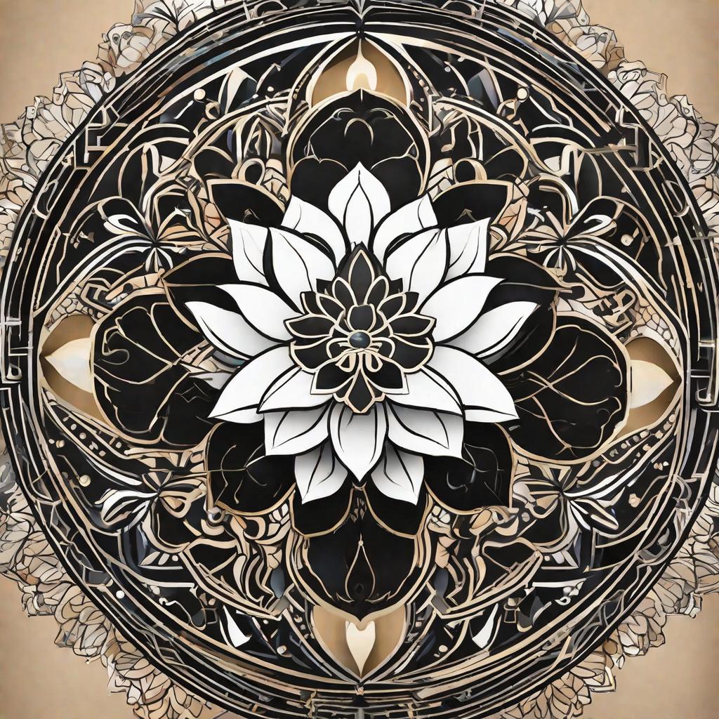  masterpiece, best quality, A mandala with a lotus flower at its center. adding a layer of symbolism to the overall design. The entire composition flows seamlessly together, creating a visually captivating and spiritually meaningful tattoo design