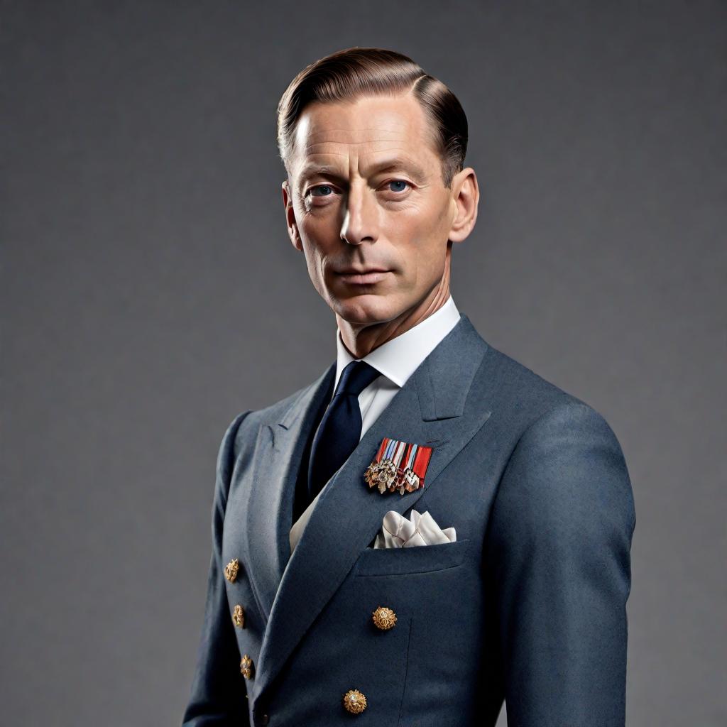  King George VI, wearing a suit, full body, in a highly realistic style, rendered in a 4K resolution. The image should capture the likeness and regal bearing of the historical figure, paying close attention to the details of his suit and decorations indicative of his status. hyperrealistic, full body, detailed clothing, highly detailed, cinematic lighting, stunningly beautiful, intricate, sharp focus, f/1. 8, 85mm, (centered image composition), (professionally color graded), ((bright soft diffused light)), volumetric fog, trending on instagram, trending on tumblr, HDR 4K, 8K