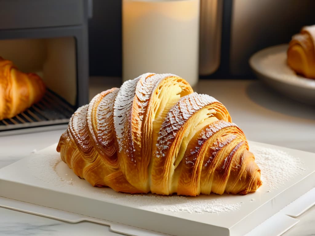  A closeup, ultradetailed image of a golden, flaky croissant fresh out of the oven, with a light dusting of powdered sugar on top. The layers of the croissant are perfectly visible, showcasing its buttery and indulgent texture. The background is a softfocus bakery setting, with warm lighting emphasizing the golden hues of the pastry. hyperrealistic, full body, detailed clothing, highly detailed, cinematic lighting, stunningly beautiful, intricate, sharp focus, f/1. 8, 85mm, (centered image composition), (professionally color graded), ((bright soft diffused light)), volumetric fog, trending on instagram, trending on tumblr, HDR 4K, 8K