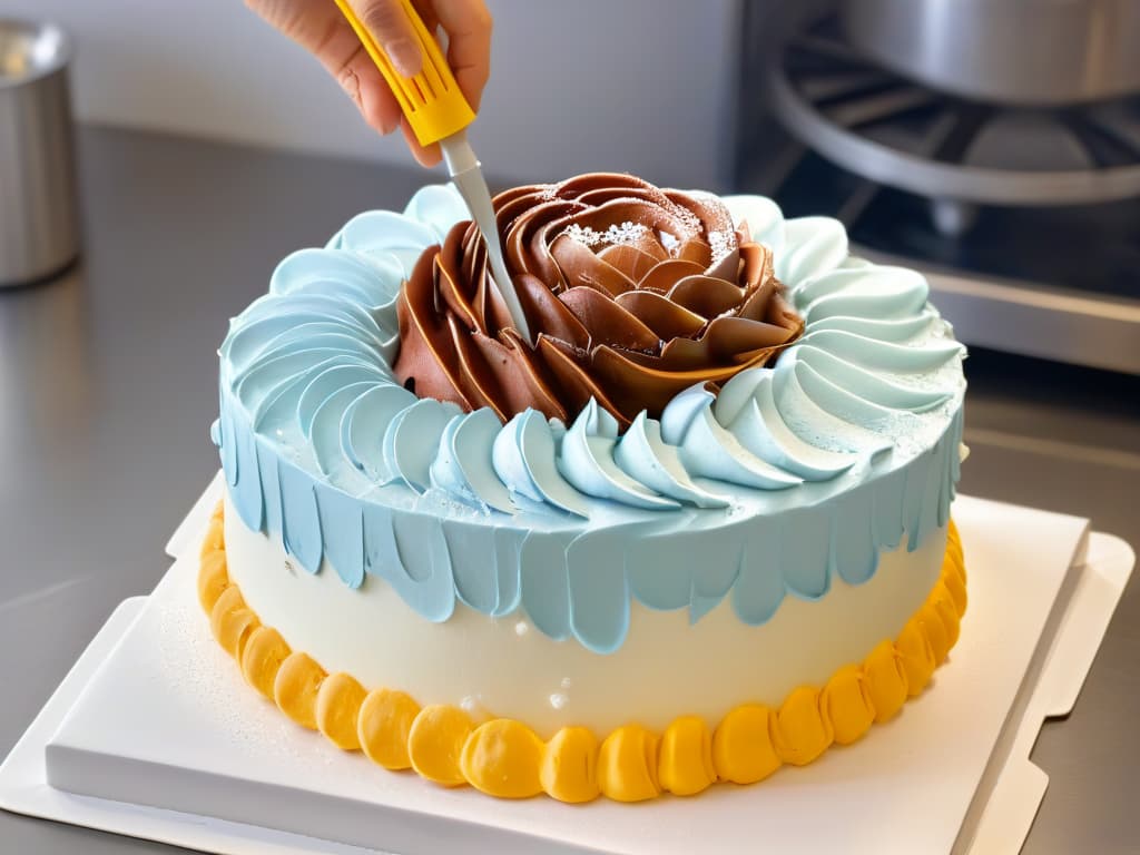  A closeup, ultradetailed image of a chef's hands delicately piping intricate frosting designs onto a beautifully decorated cake, showcasing the precision and artistry involved in pastry decoration. The hands are adorned with professional baking tools, and the background features a sleek, modern kitchen setting with subtle hints of augmented reality elements subtly integrated into the scene. The image captures the essence of merging traditional baking techniques with cuttingedge technology in a visually striking and minimalist style. hyperrealistic, full body, detailed clothing, highly detailed, cinematic lighting, stunningly beautiful, intricate, sharp focus, f/1. 8, 85mm, (centered image composition), (professionally color graded), ((bright soft diffused light)), volumetric fog, trending on instagram, trending on tumblr, HDR 4K, 8K