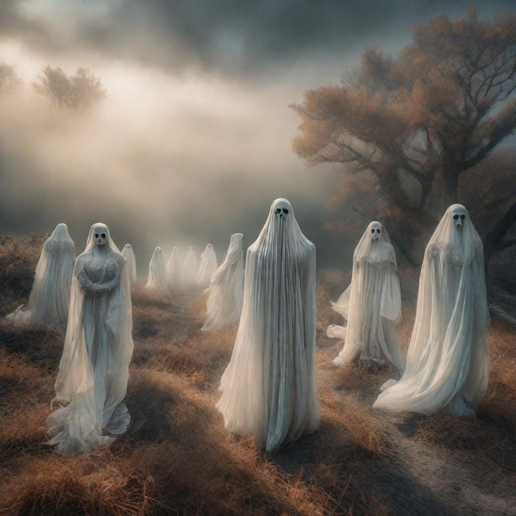  surreal art landscape with ghosts hyperrealistic, full body, detailed clothing, highly detailed, cinematic lighting, stunningly beautiful, intricate, sharp focus, f/1. 8, 85mm, (centered image composition), (professionally color graded), ((bright soft diffused light)), volumetric fog, trending on instagram, trending on tumblr, HDR 4K, 8K