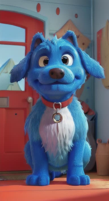  {Max the big blue dog standing in front of a cozy little house with a red door, The big blue dog is large with sky blue fur, big round eyes, a black nose, and floppy ears.