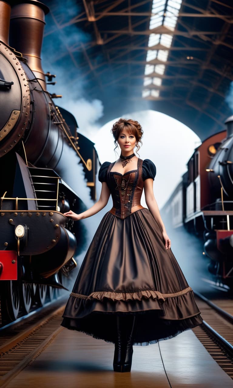  cinematic film still The most detailed steampunk image, close up of a cheerful Lindsey Stirling in a dark puffy dress with a short skirt, flounces and ruffles, Victorian style, standing in a colossal hangar against the background of a huge steam locomotive, dynamic expressive pose, people in Tudor clothes, complex image, masterpiece, maximum detail, the most detailed face, the main the emphasis on the face, the most clearly and detailed clearly drawn eyes, a slender figure, beautiful legs, photorealism, an image in the style of Daniel F. Gerhartz and Eugene de Blaas, the most realistic image . shallow depth of field, vignette, highly detailed, high budget, bokeh, cinemascope, moody, epic, gorgeous, film grain, grainy hyperrealistic, full body, detailed clothing, highly detailed, cinematic lighting, stunningly beautiful, intricate, sharp focus, f/1. 8, 85mm, (centered image composition), (professionally color graded), ((bright soft diffused light)), volumetric fog, trending on instagram, trending on tumblr, HDR 4K, 8K