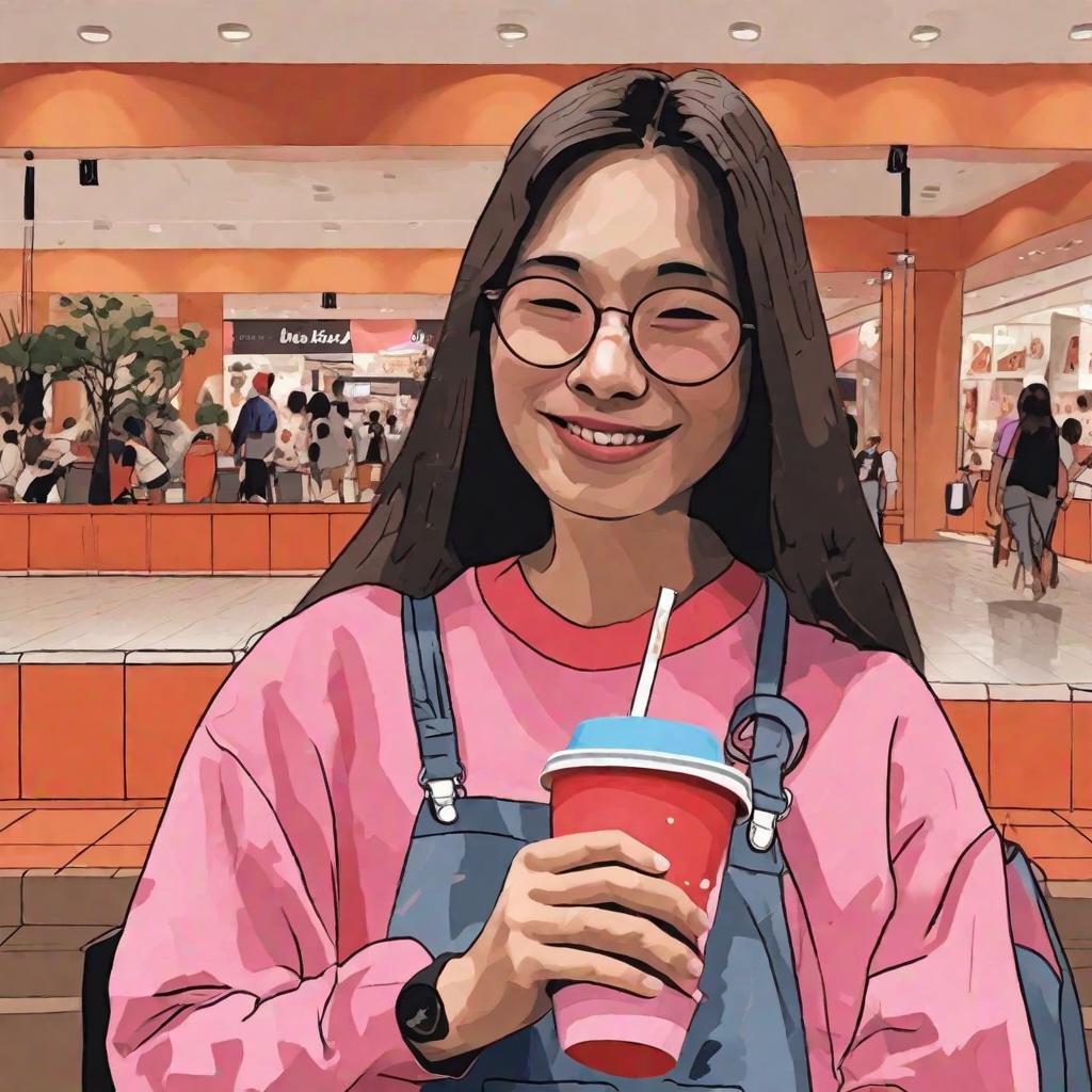  Masterpiece, best quality, a sweet girl sipping milk tea at the mall shopping with her boyfriend, the crowd around casting envious glances Time in the afternoon realistic painting