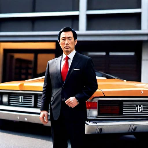  Yamamoto, a middle-aged Japanese man with short black hair, a stern face, and brown eyes, wearing a black suit and red tie, stands in a city street surrounded by buildings and cars. hyperrealistic, full body, detailed clothing, highly detailed, cinematic lighting, stunningly beautiful, intricate, sharp focus, f/1. 8, 85mm, (centered image composition), (professionally color graded), ((bright soft diffused light)), volumetric fog, trending on instagram, trending on tumblr, HDR 4K, 8K