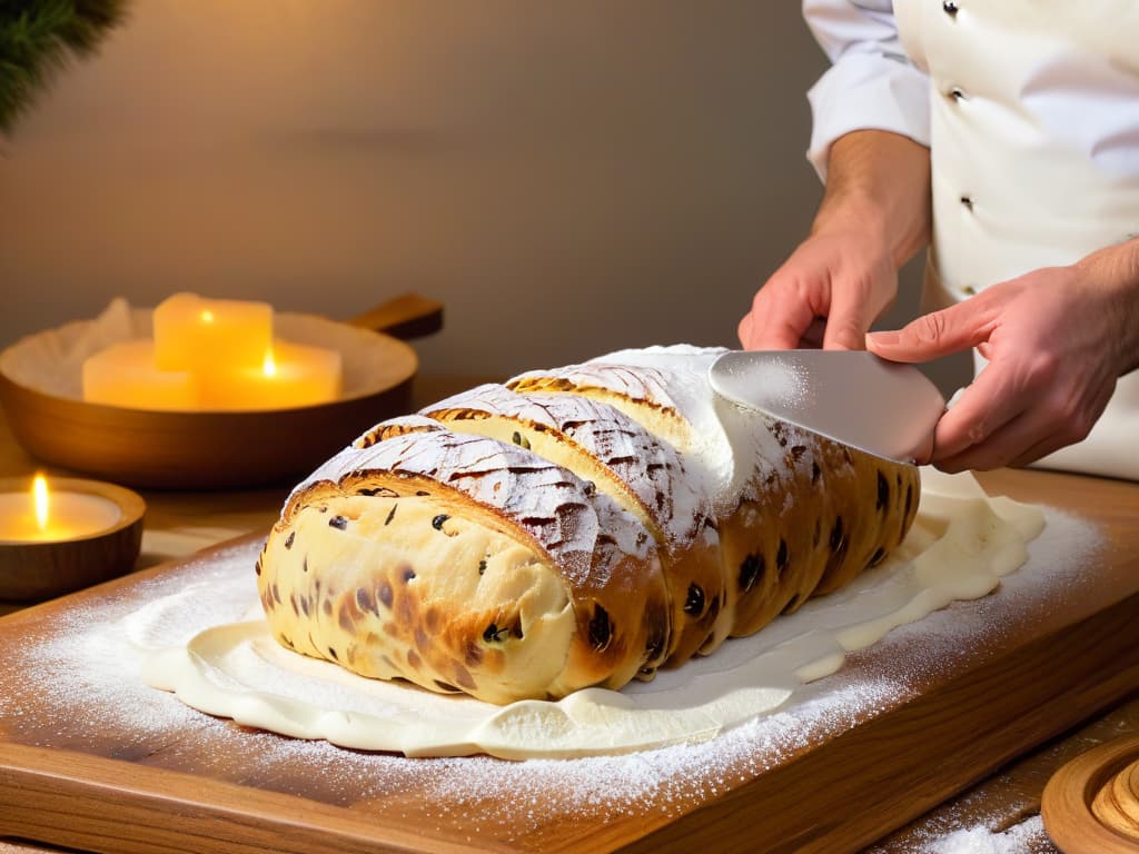  An ultradetailed image of a pair of hands expertly kneading a smooth, buttery dough for Stollen, with a dusting of flour creating a delicate contrast on the wooden countertop. The hands belong to a chef wearing a crisp white apron, showcasing the precise and methodical process of creating this traditional German Christmas treat. The image captures the dedication and artistry required to craft the perfect Stollen, embodying the essence of authenticity and professionalism in the culinary world. hyperrealistic, full body, detailed clothing, highly detailed, cinematic lighting, stunningly beautiful, intricate, sharp focus, f/1. 8, 85mm, (centered image composition), (professionally color graded), ((bright soft diffused light)), volumetric fog, trending on instagram, trending on tumblr, HDR 4K, 8K