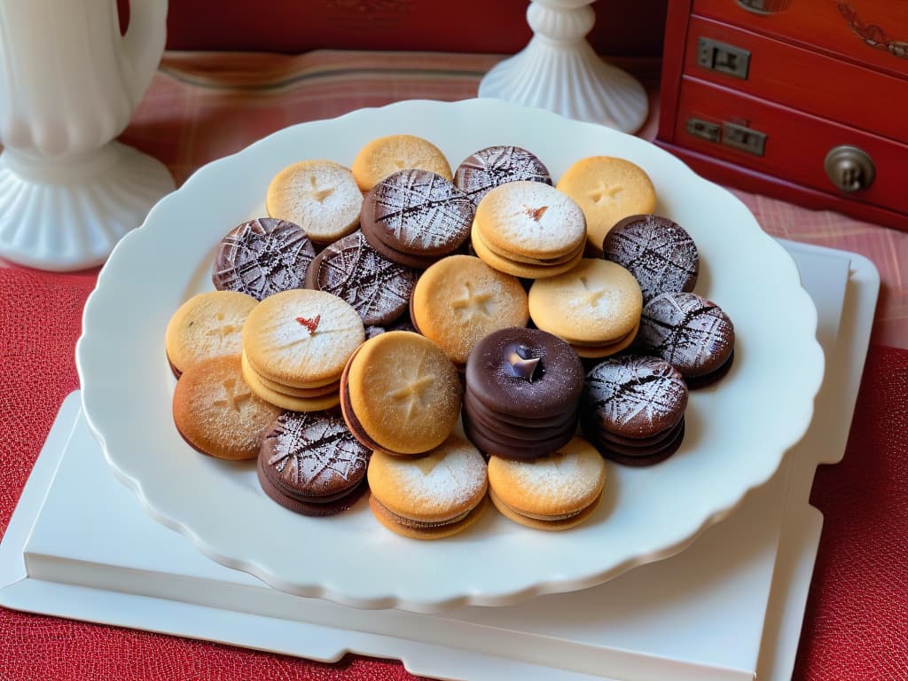  A photorealistic closeup image of a freshly baked batch of assorted traditional European cookies arranged elegantly on a vintage porcelain platter. The cookies vary in shape, color, and texture, featuring intricate patterns like delicate lace imprints, sugar dusting, and chocolate drizzles. Each cookie showcases the unique characteristics of its country of origin, from Italian amaretti to French madeleines, German lebkuchen, and Spanish polvorones. The warm, inviting image captures the essence of European culinary tradition and craftsmanship, enticing readers to embark on a sweet journey through the flavors of the continent. hyperrealistic, full body, detailed clothing, highly detailed, cinematic lighting, stunningly beautiful, intricate, sharp focus, f/1. 8, 85mm, (centered image composition), (professionally color graded), ((bright soft diffused light)), volumetric fog, trending on instagram, trending on tumblr, HDR 4K, 8K