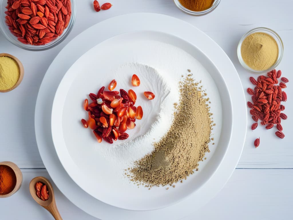  An ultradetailed image of a minimalist, sleek kitchen countertop with a scattering of vibrant red goji berries artfully arranged alongside a variety of baking ingredients such as flour, sugar, and vanilla extract. The natural light streaming in highlights the textures of the berries, casting soft shadows on the pristine white surface, creating a visually striking and appetizing composition that embodies the fusion of health and indulgence in baking with goji berries. hyperrealistic, full body, detailed clothing, highly detailed, cinematic lighting, stunningly beautiful, intricate, sharp focus, f/1. 8, 85mm, (centered image composition), (professionally color graded), ((bright soft diffused light)), volumetric fog, trending on instagram, trending on tumblr, HDR 4K, 8K