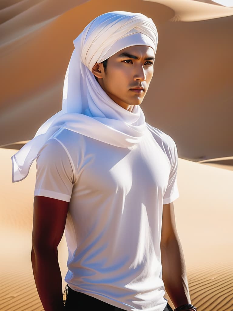  Half body portrait,Young Asian Man wear casual short sleeve t shirt , tie a solid white casual Headscarf standing in desert hyperrealistic, full body, detailed clothing, highly detailed, cinematic lighting, stunningly beautiful, intricate, sharp focus, f/1. 8, 85mm, (centered image composition), (professionally color graded), ((bright soft diffused light)), volumetric fog, trending on instagram, trending on tumblr, HDR 4K, 8K