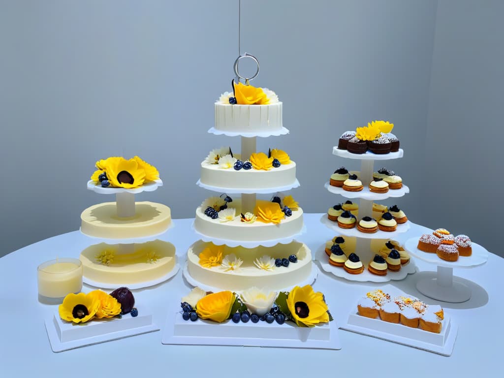  A sleek, minimalistic dessert table set up at an elegant event, featuring a monochromatic color scheme of whites and light grays. The table is adorned with geometrically shaped pastries meticulously arranged on modern, cleanlined platters. Each dessert is elegantly garnished with delicate edible flowers, adding a subtle pop of color to the otherwise neutral palette. The overall aesthetic exudes sophistication and refinement, perfectly embodying the concept of minimalist event pastry design. hyperrealistic, full body, detailed clothing, highly detailed, cinematic lighting, stunningly beautiful, intricate, sharp focus, f/1. 8, 85mm, (centered image composition), (professionally color graded), ((bright soft diffused light)), volumetric fog, trending on instagram, trending on tumblr, HDR 4K, 8K