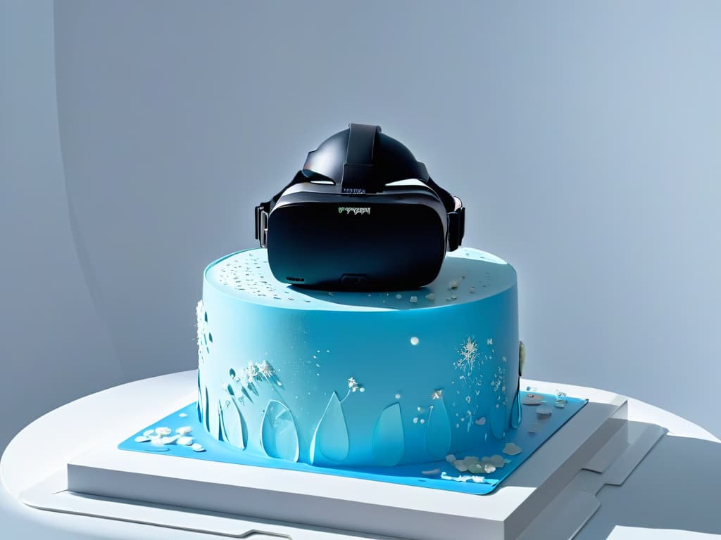  A stunningly detailed 8k image of a futuristic virtual reality headset adorned with intricate sugar art designs, set against a sleek, minimalist background. The headset appears to be casting a holographic display of a virtual kitchen filled with advanced baking tools and ingredients, creating a captivating fusion of technology and culinary artistry. hyperrealistic, full body, detailed clothing, highly detailed, cinematic lighting, stunningly beautiful, intricate, sharp focus, f/1. 8, 85mm, (centered image composition), (professionally color graded), ((bright soft diffused light)), volumetric fog, trending on instagram, trending on tumblr, HDR 4K, 8K