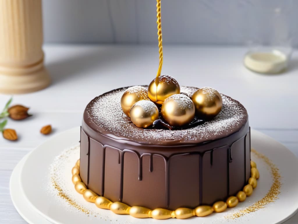  A highresolution, ultradetailed image of a delicate silver and gold edible dust gently cascading down onto a decadent chocolate dessert, creating a mesmerizing shimmering effect. The focus is on the fine particles of the dust suspended in the air, catching the light and adding a touch of luxury and sophistication to the dessert presentation. The background is blurred to enhance the minimalist aesthetic, highlighting the elegance and beauty of the edible silver and gold powders in culinary use. hyperrealistic, full body, detailed clothing, highly detailed, cinematic lighting, stunningly beautiful, intricate, sharp focus, f/1. 8, 85mm, (centered image composition), (professionally color graded), ((bright soft diffused light)), volumetric fog, trending on instagram, trending on tumblr, HDR 4K, 8K