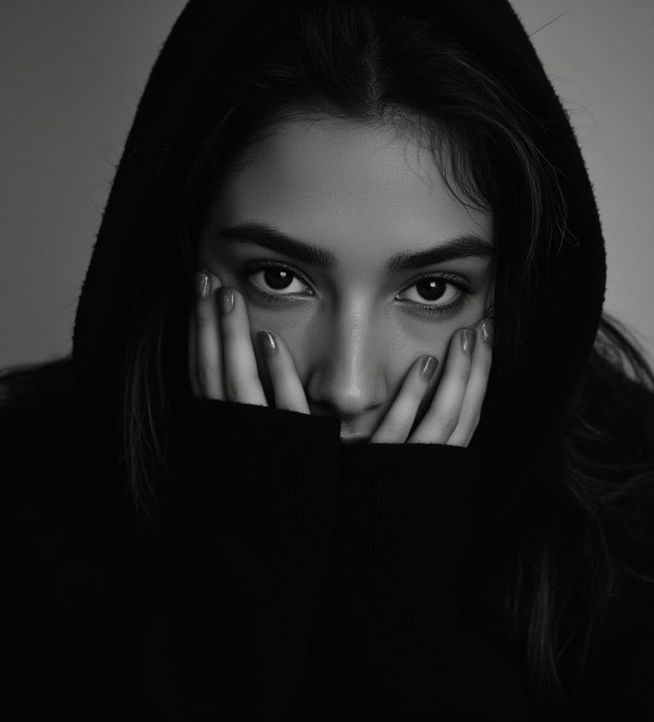  good quality, high quality, a black and white portrait of a young woman with a captivating gaze. she's bundled up in a cozy black sweater,hands gently cupped near her face. the monochromatic tones highlight her delicate features and the contemplative mood of the image