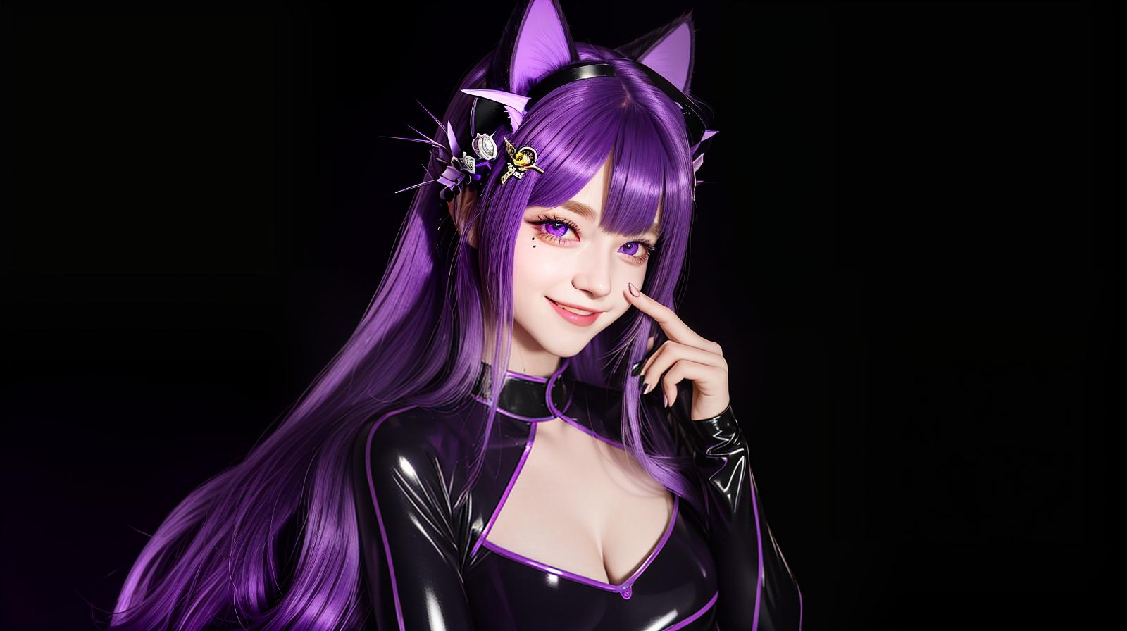  masterpiece, best quality, Purple hair, pruple eyes, Latex clothes, smile (hair ornament, long hair, purple eyes, cat hair ornament), (animal ears,cat ears,tail) Cinematic light,dramatize light,neon lights,beautiful background