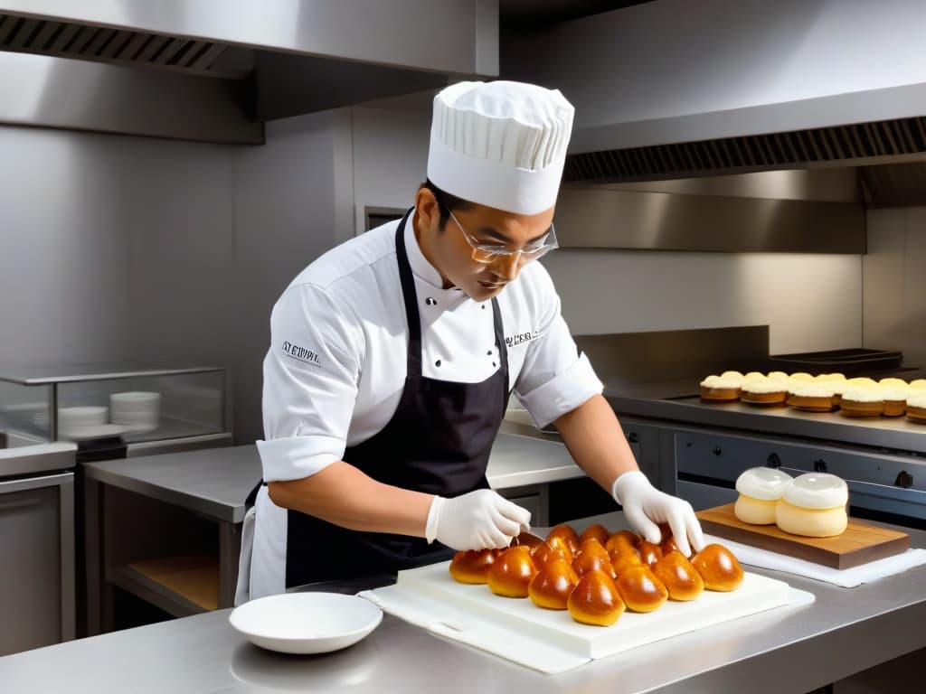  A photorealistic image of a professional pastry chef in a spotless, wellorganized kitchen, meticulously measuring ingredients for a delicate dessert creation. The chef's focused expression exudes confidence and skill, with sunlight streaming through a window, casting a warm glow on the pristine countertops and gleaming utensils. The scene conveys a sense of precision and care, emphasizing the importance of safety measures and attention to detail in pastrymaking. hyperrealistic, full body, detailed clothing, highly detailed, cinematic lighting, stunningly beautiful, intricate, sharp focus, f/1. 8, 85mm, (centered image composition), (professionally color graded), ((bright soft diffused light)), volumetric fog, trending on instagram, trending on tumblr, HDR 4K, 8K