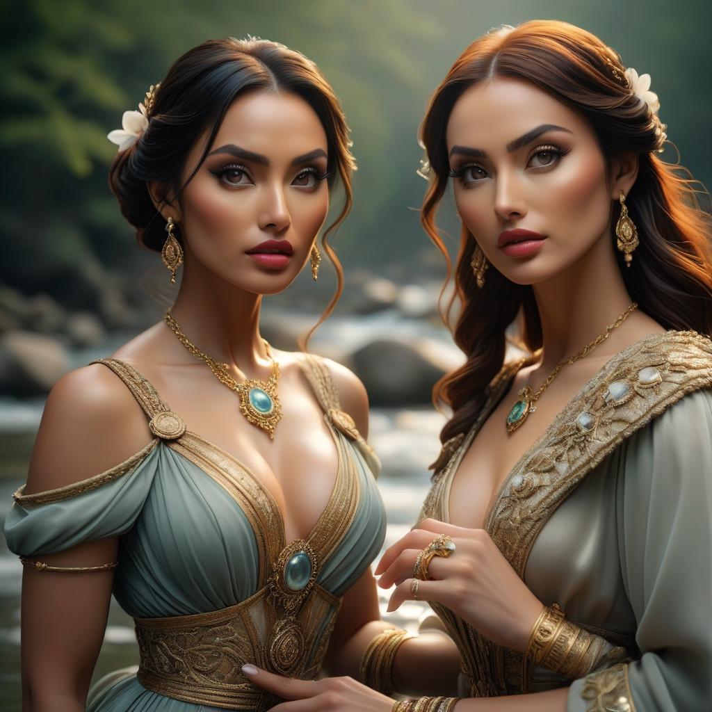  Two women are standing in the river. One shows the other hand with a ring on it. hyperrealistic, full body, detailed clothing, highly detailed, cinematic lighting, stunningly beautiful, intricate, sharp focus, f/1. 8, 85mm, (centered image composition), (professionally color graded), ((bright soft diffused light)), volumetric fog, trending on instagram, trending on tumblr, HDR 4K, 8K