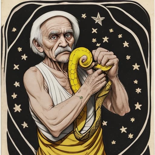  Old man wearing a white dress holding a big bone with a yellow snake in his shoulder and five black circles on his right arm and two stars on each arm