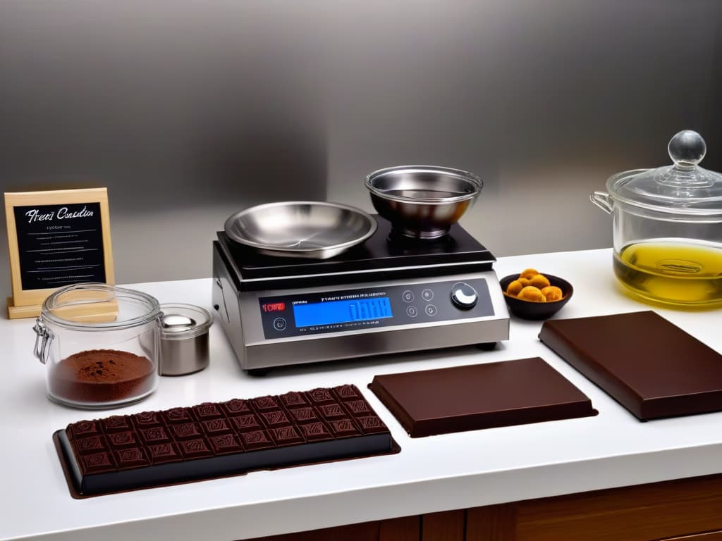  An ultradetailed, minimalist image of a sleek, modern kitchen countertop with an array of highend chocolatemaking equipment neatly organized: a tempering machine, various molds, piping bags, offset spatulas, digital kitchen scales, and bowls of premium chocolate couverture in different shades. The lighting is soft and focused, highlighting the luxurious sheen of the equipment and the rich textures of the chocolate, creating a visually captivating and aspirational scene for professionals looking to elevate their chocolatemaking skills. hyperrealistic, full body, detailed clothing, highly detailed, cinematic lighting, stunningly beautiful, intricate, sharp focus, f/1. 8, 85mm, (centered image composition), (professionally color graded), ((bright soft diffused light)), volumetric fog, trending on instagram, trending on tumblr, HDR 4K, 8K