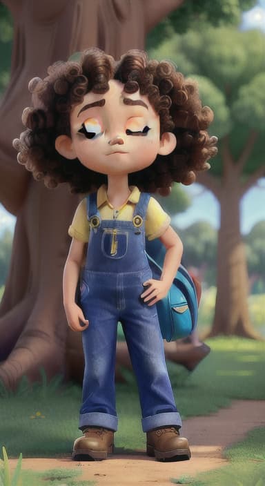  {Riley standing under the tree with eyes closed, making the wish., Riley, a curious with big brown eyes and curly hair, wearing overalls and carrying a small backpack. Their friend, Skye, a bluebird with shiny feathers.