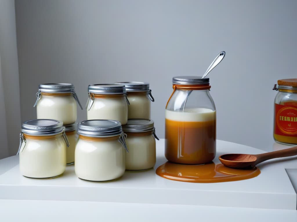  An ultrahighresolution image of a sleek, minimalist kitchen countertop with organized jars of fresh milk, vanilla beans, and a pot of boiling caramel, capturing the essence of homemade dulce de leche preparation. The image showcases the meticulous arrangement of the essential ingredients and cooking tools, emphasizing simplicity and elegance in the creation of healthy dulce de leche. hyperrealistic, full body, detailed clothing, highly detailed, cinematic lighting, stunningly beautiful, intricate, sharp focus, f/1. 8, 85mm, (centered image composition), (professionally color graded), ((bright soft diffused light)), volumetric fog, trending on instagram, trending on tumblr, HDR 4K, 8K