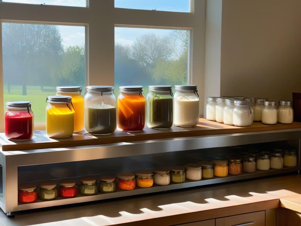  An ultradetailed image of a pristine, modern kitchen filled with an array of glass jars containing colorful, bubbling sourdough starters, with sunlight streaming in through a window, casting a warm glow on the scene. The countertop is cluttered with various baking tools, and in the background, a sleek, stainless steel oven emits a soft, inviting light. The overall aesthetic is clean, minimalistic, and inviting, embodying the essence of sustainable baking through fermentation. hyperrealistic, full body, detailed clothing, highly detailed, cinematic lighting, stunningly beautiful, intricate, sharp focus, f/1. 8, 85mm, (centered image composition), (professionally color graded), ((bright soft diffused light)), volumetric fog, trending on instagram, trending on tumblr, HDR 4K, 8K