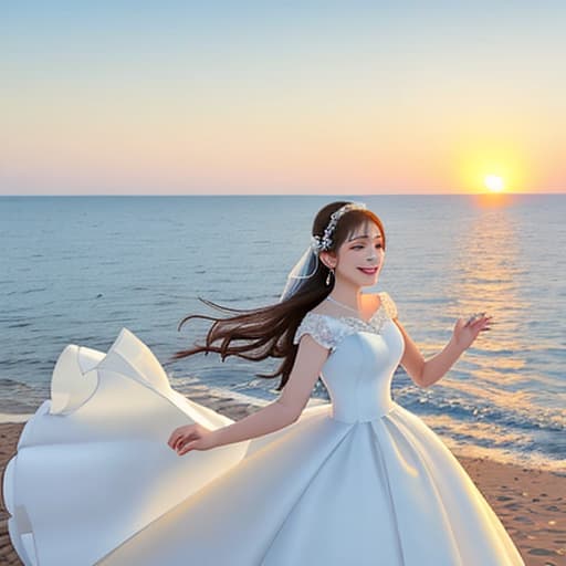  White silk, pure, white wedding dress, seaside sunset, look up, eyes blurred,